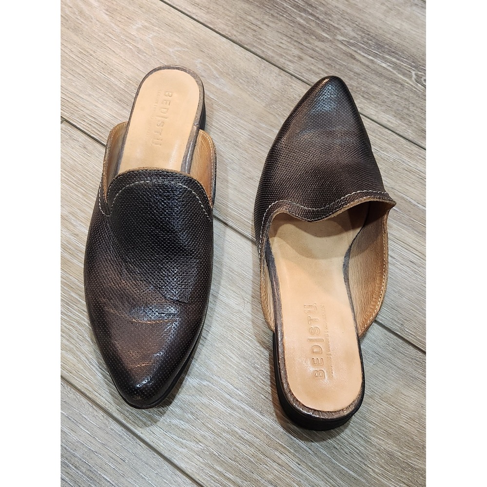 Bed Stu Brenda graphite Black Leather Mules Slip On Flats Shoes sz 6.5